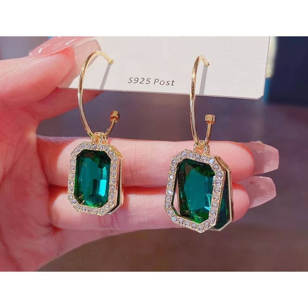 Fashion Earrings Emerald Cut Green Diamonds Gold Tone Color Hoop Dangle Drop